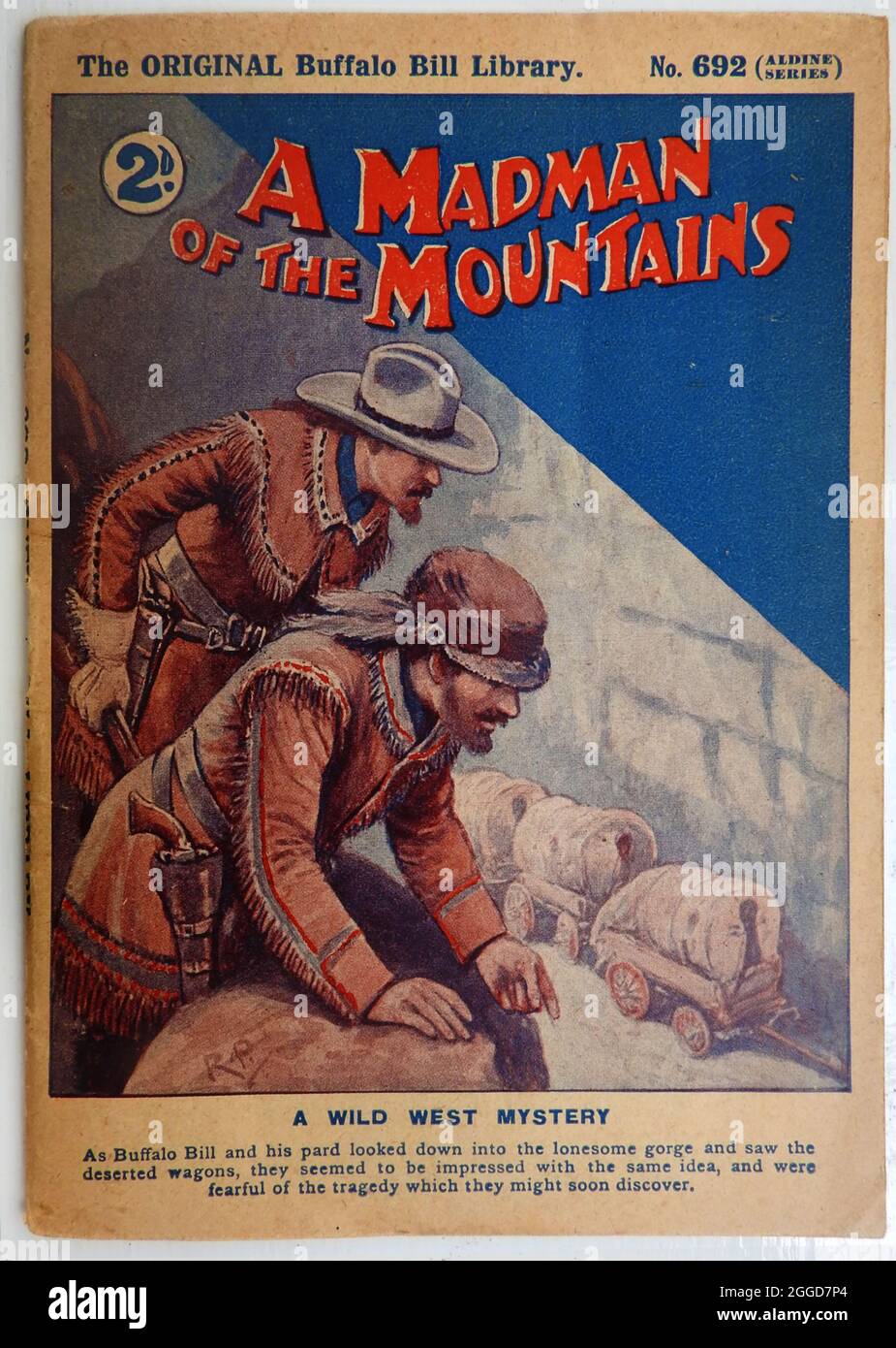 1920s  coloured  cover  of  an English magazine booklet  - A Madman Of The Mountains, a wild west mystery, published by the Original Buffalo Bill Library. Price 2d (two pence) known as dime novels, Though originating in America,  in Britain  they were known as boys' weeklies or  story papers and  were particularly  before  the Second World War. Stock Photo