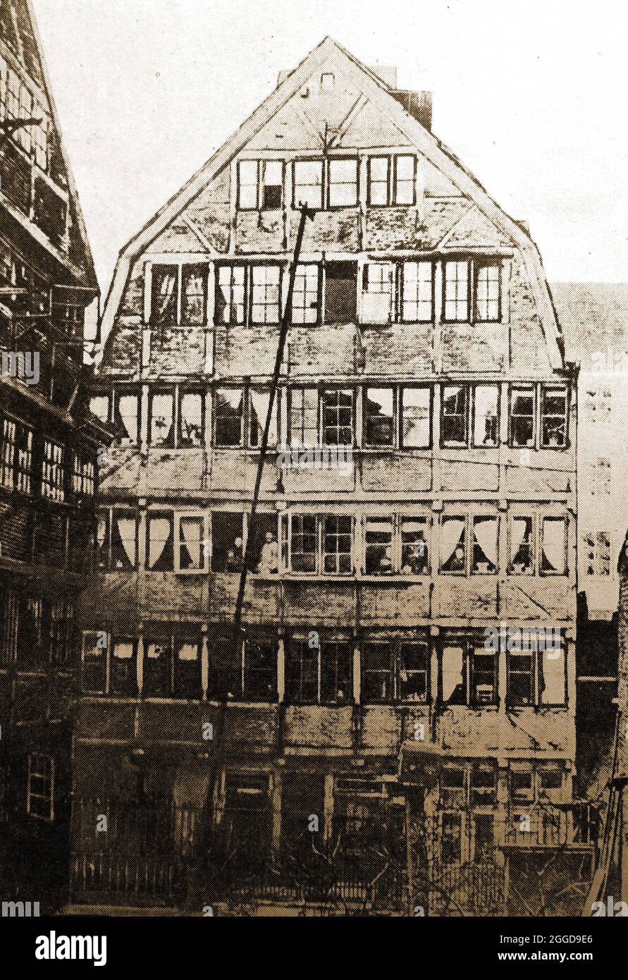 A 1939 printed photograph of the birthplace  (1833) of composer Johannes Brahms (1833-1897) in Hamburg, Germany. It was destroyed in WWII by bombing in 1943. Brahms was a Lutheran German composer, pianist, and conductor. He was a virtuoso pianist who composed  symphonies , chamber music and pieces for piano, organ, voice, and chorus singers. Stock Photo