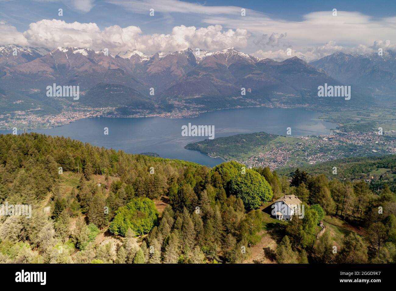 Aerial view of the  village of Valvarrone and the northern part of Lake Como,  Alps, Como Lake, Lombardy, Italy, Europe Stock Photo