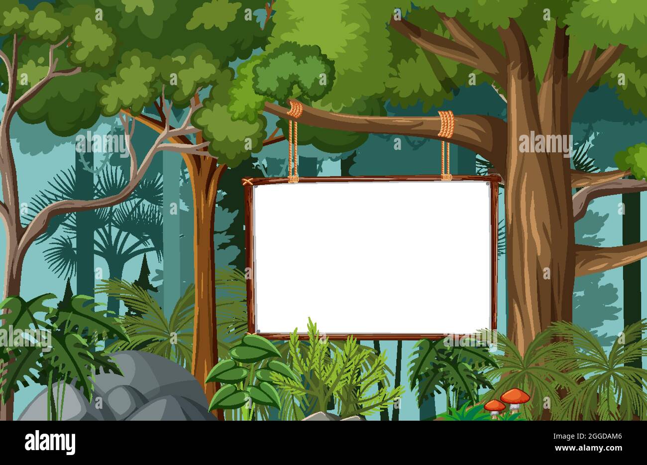 Blank banner in the rainforest scene with wild animals illustration ...