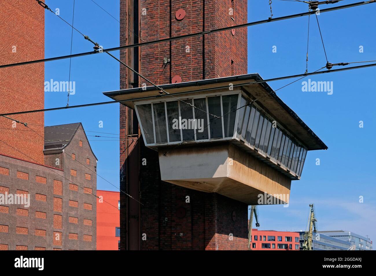 Guard's house in the pier of the Schwanentorbrücke, a lift bridge over Duisburg's inner harbour. Stock Photo