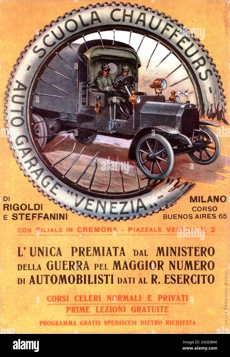 Click On Vintage Italian automobile poster - Driver School in Venice, 1900s. Stock Photo