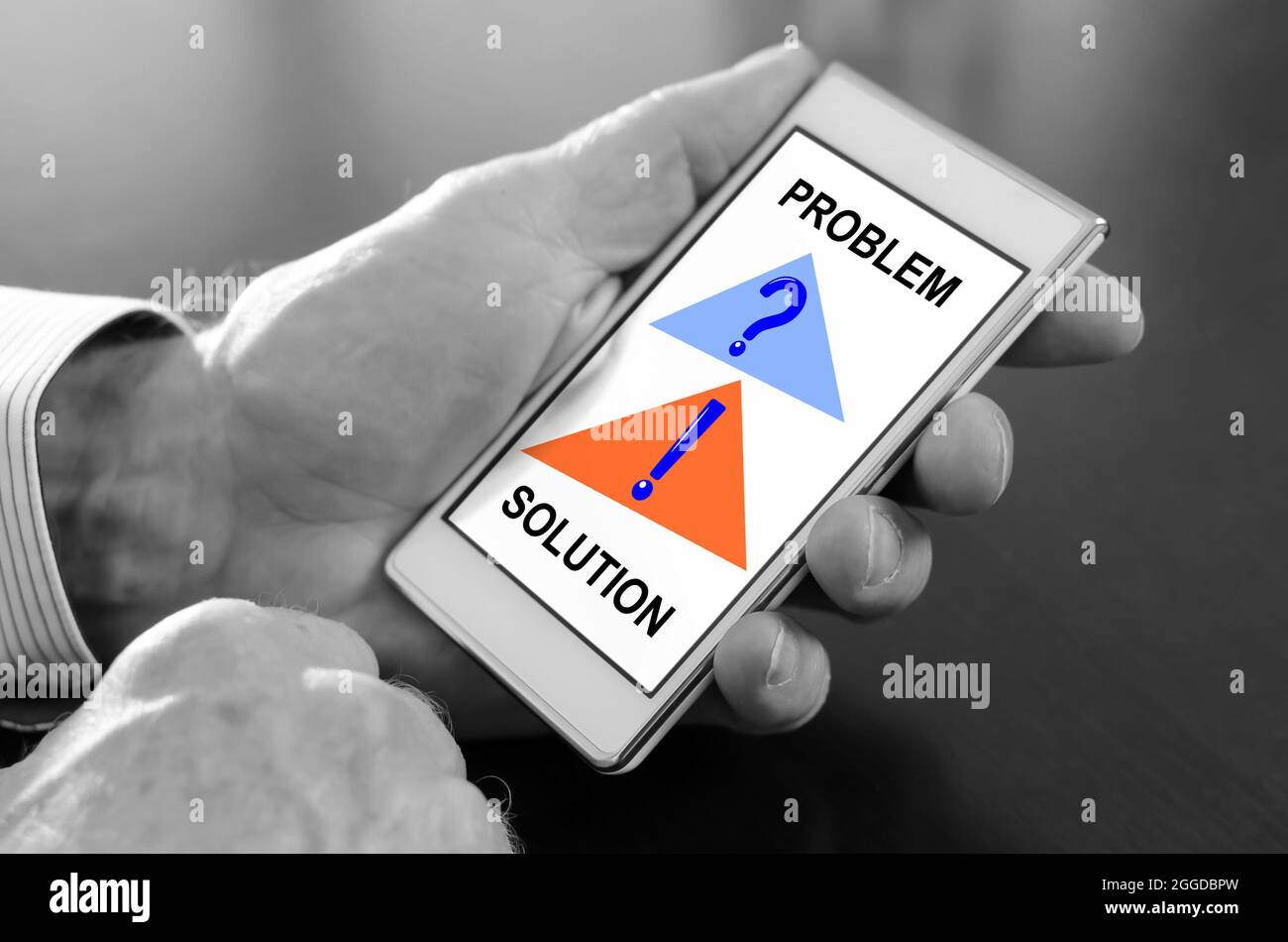 Problem Solution Hand Hand holding a smartphone with problem and solution concept Stock Photo ...