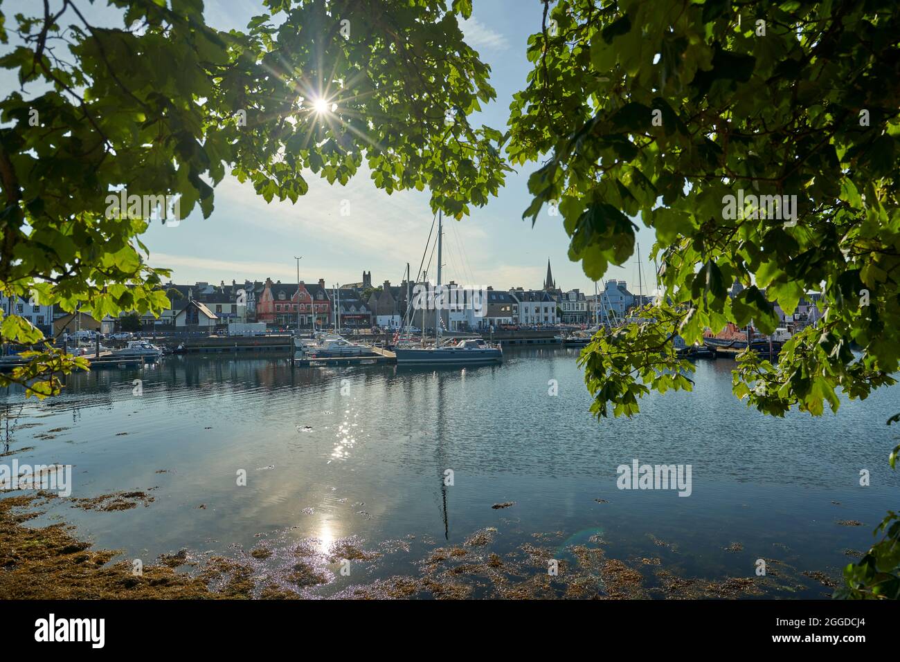 Stornoway harbour viewed from Lews Castle grounds on sunny summers day. Stock Photo