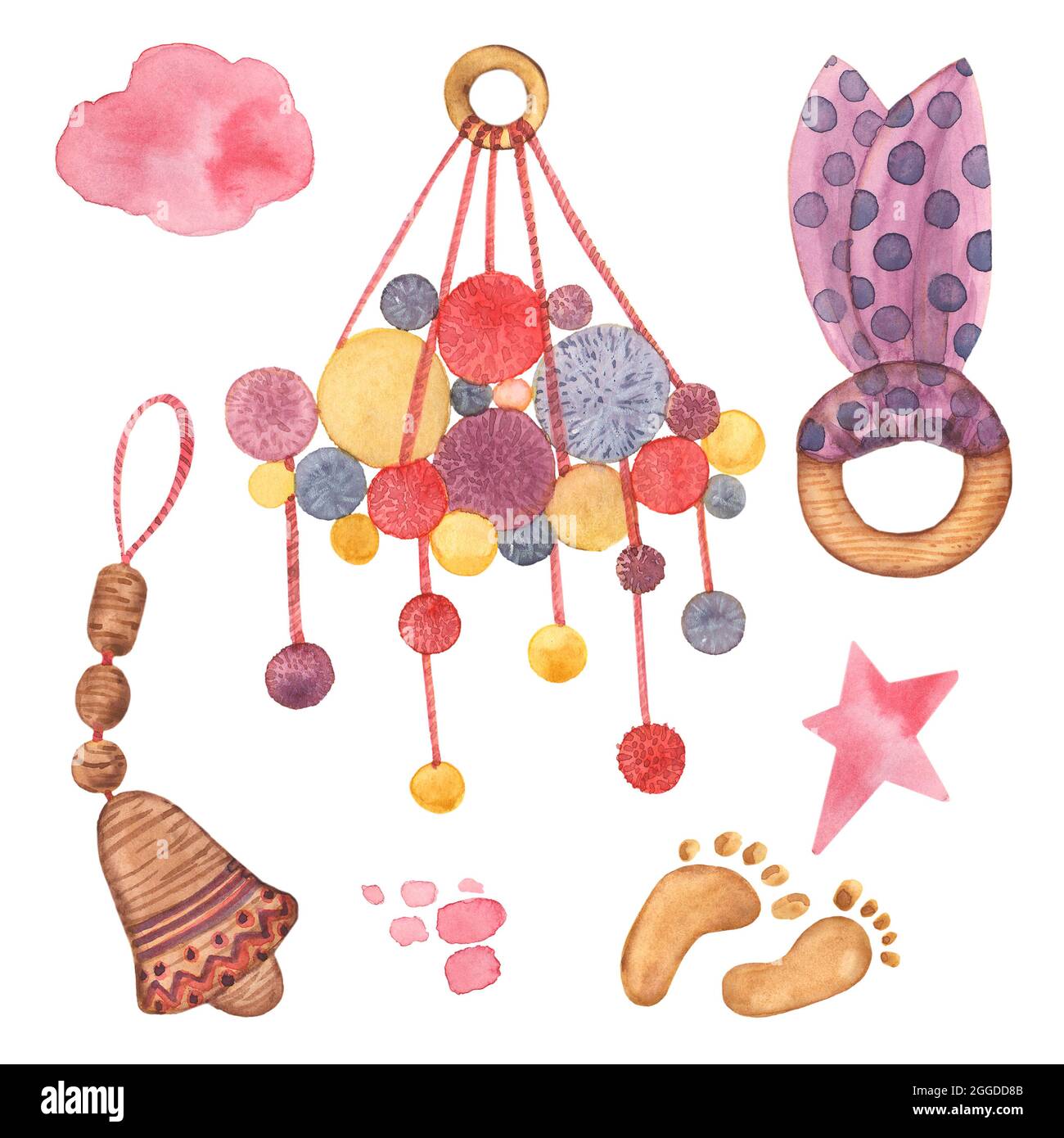 Watercolor wooden baby toys clipart. rattles, star, heart, children