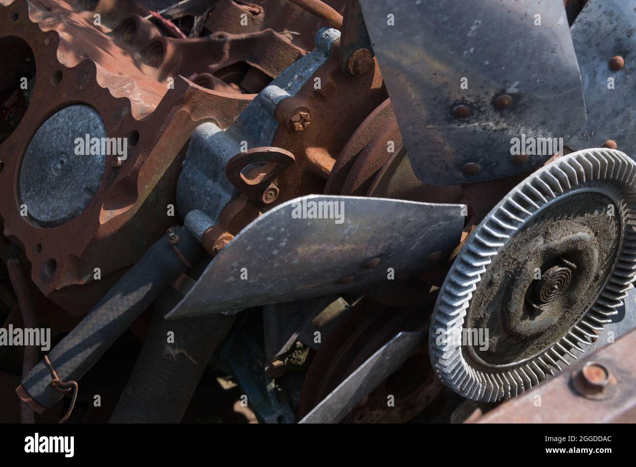 close-up of rusty engine of an old car with big ventilator Stock Photo