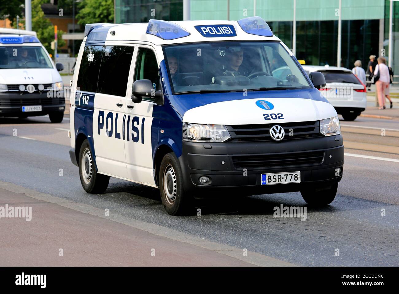 Police officers and vehicles in central Helsinki on the day of Russian President Vladimir Putin's visit. Helsinki, Finland. August 21, 2019. Stock Photo