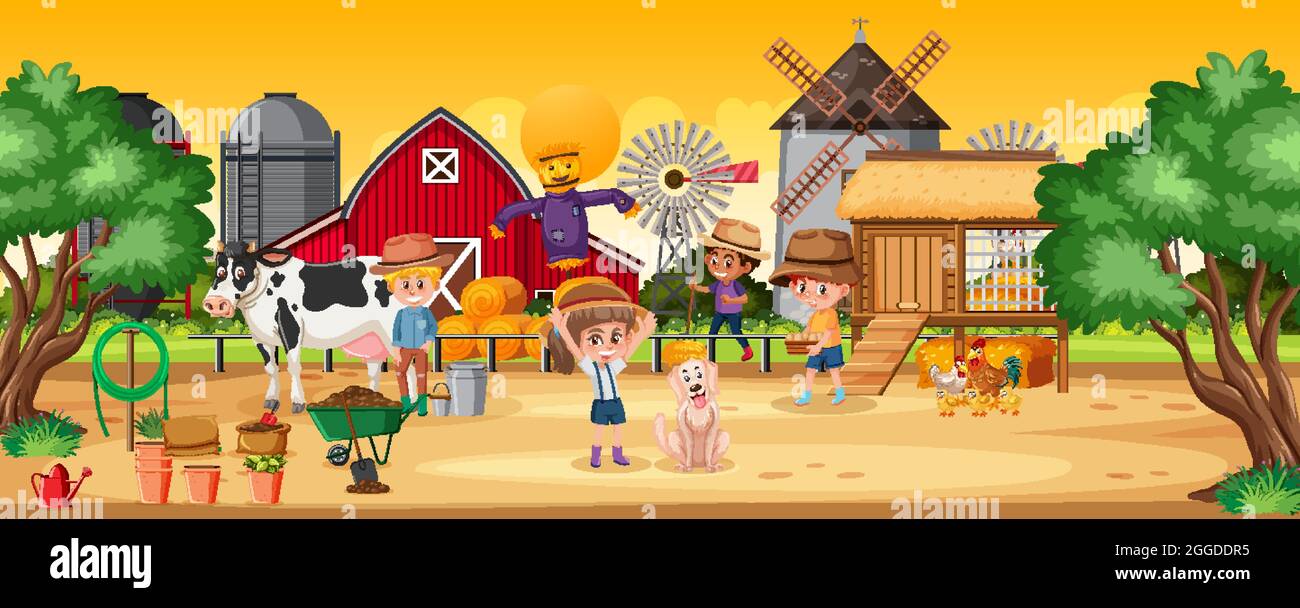 Happy children at the farm scene illustration Stock Vector Image & Art ...