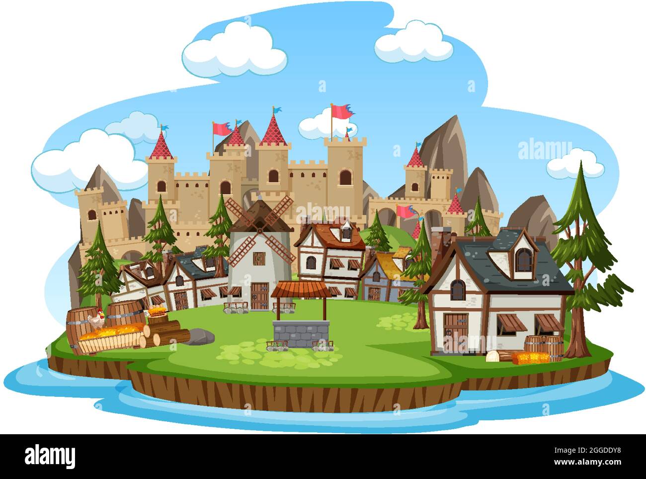 Medieval village scene on white background illustration Stock Vector ...
