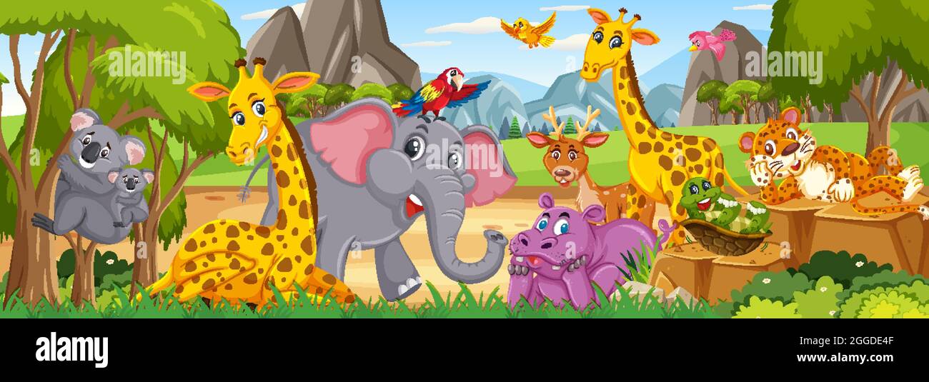 Panorama landscape with various wild animals in the forest illustration ...