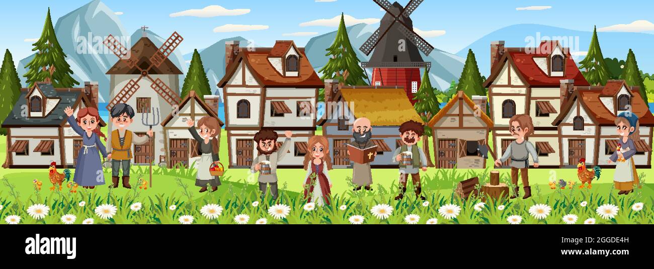 Medieval town scene with villagers illustration Stock Vector Image ...