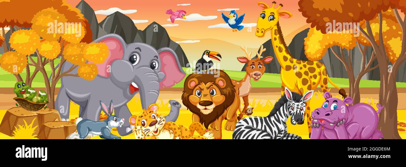 Forest panorama at sunset time scene with various wild animals illustration Stock Vector Image & Art - Alamy Forest panorama at sunset time scene with various wild animals illustration Stock Vector Image & Art - Alamy
