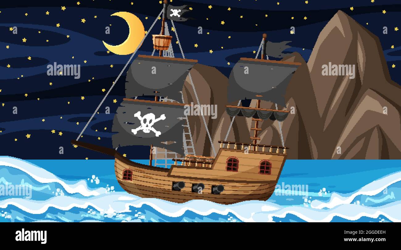 Ocean with Pirate ship at night scene in cartoon style illustration ...