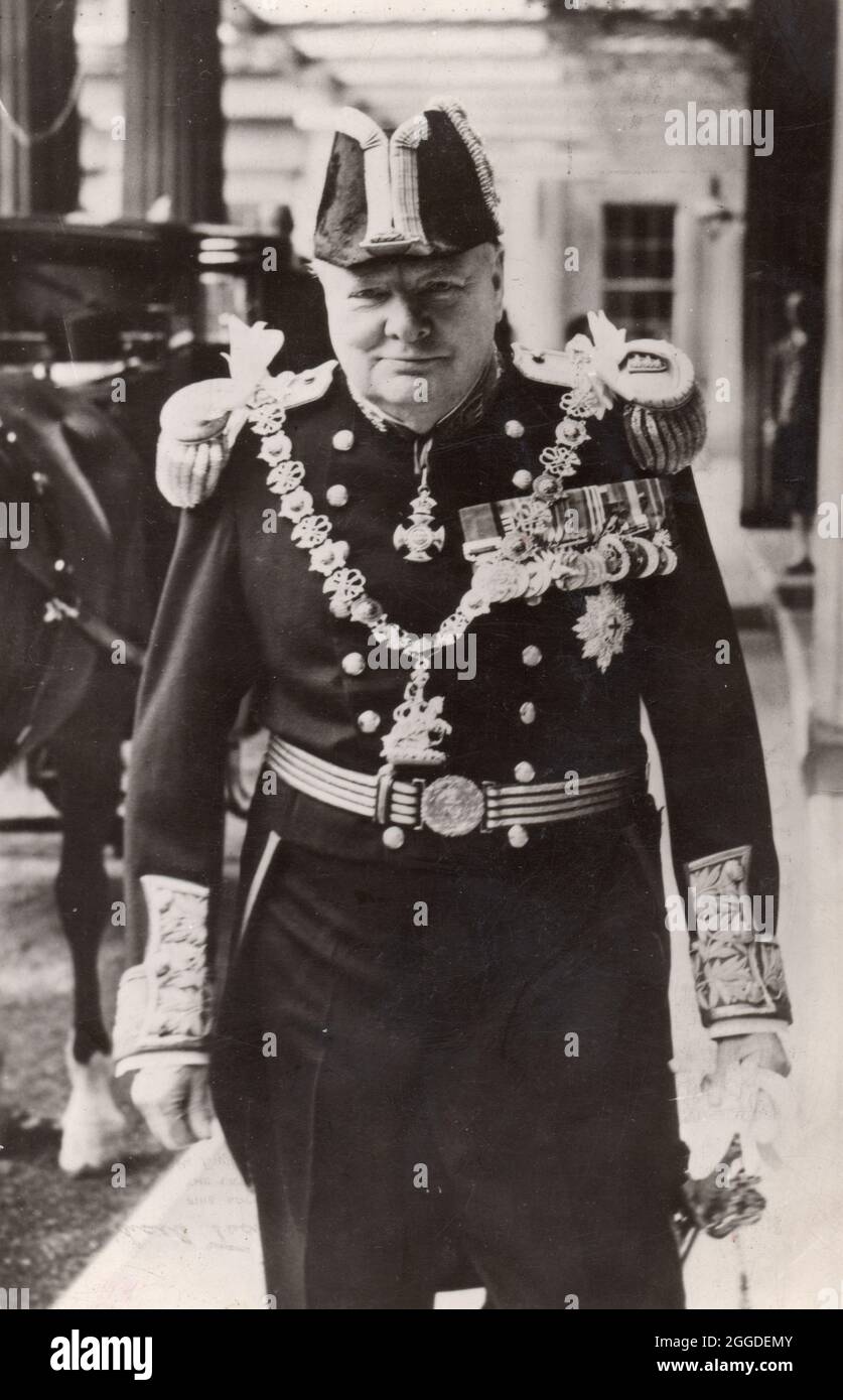 Churchill in Admiral's uniform, 1946. On 14 August 1946, King George VI conferred upon Winston Churchill (1874-1965) the ancient honour of the appointment as Lord Warden and Admiral of the Cinque Ports, in the Courtyard of Buckingham Palace, London. Stock Photo