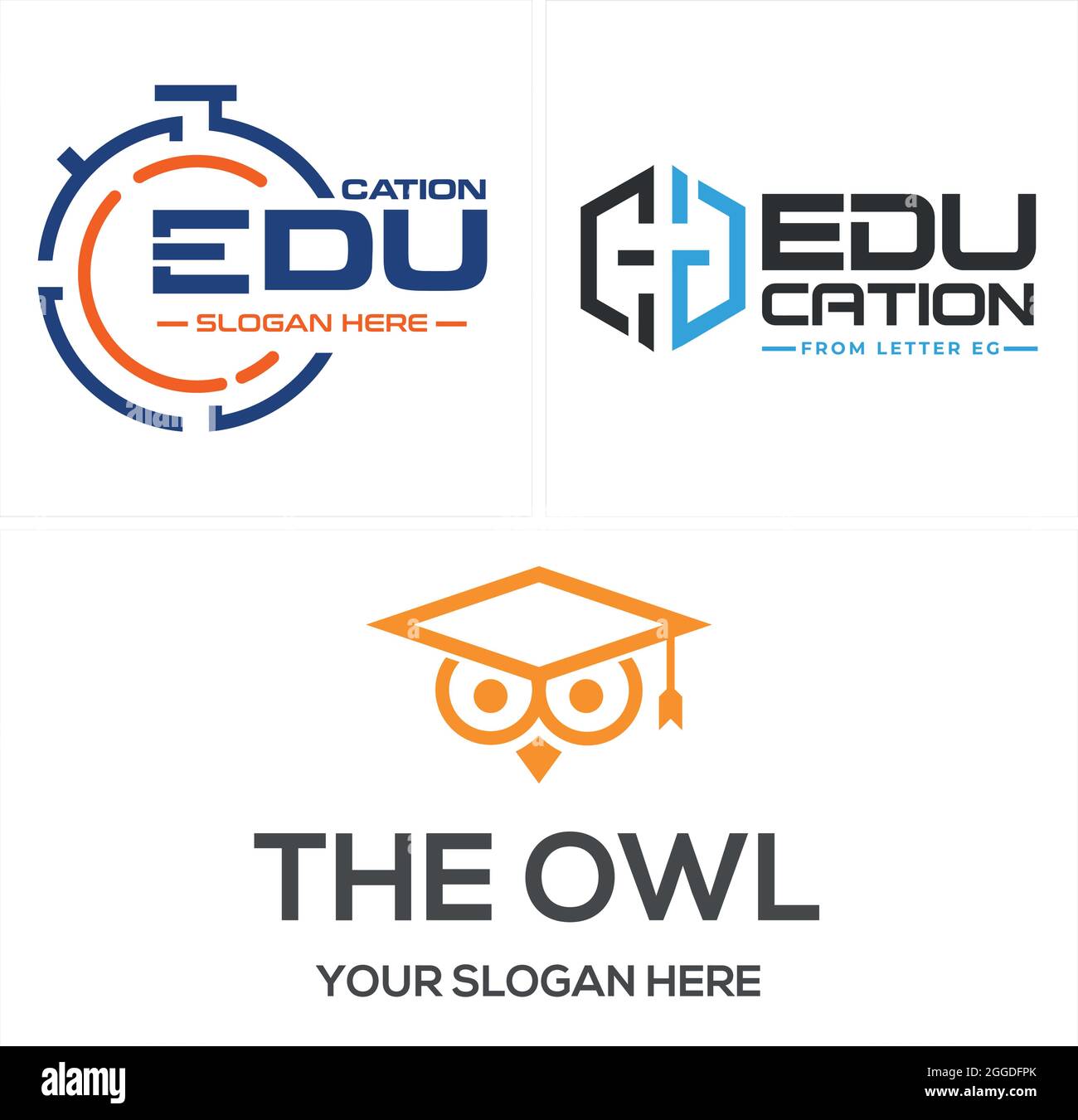 Education with stopwatch letter EG and owl graduation cap logo design Stock Vector
