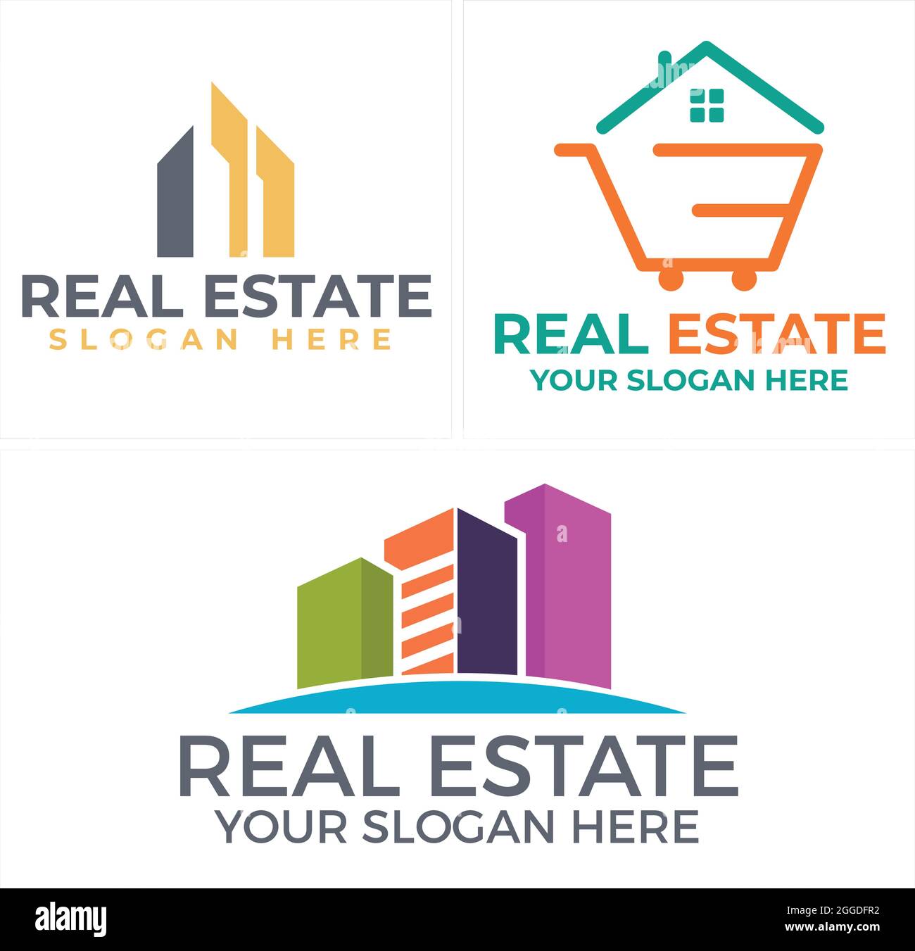 Real estate with building home and trolley colorful logo design Stock Vector
