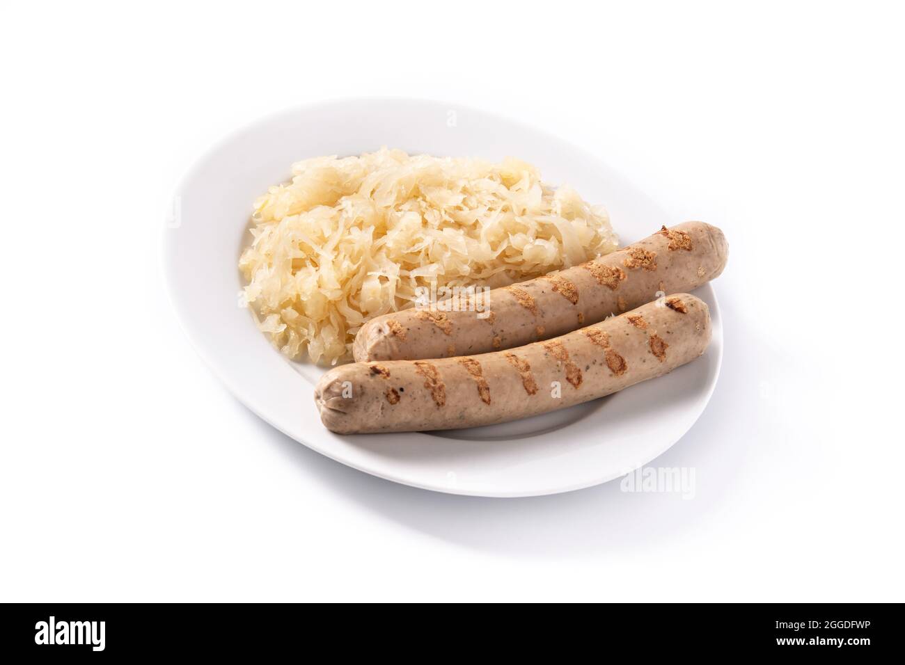 Bratwurst sausage and sauerkraut isolated on white background Stock Photo