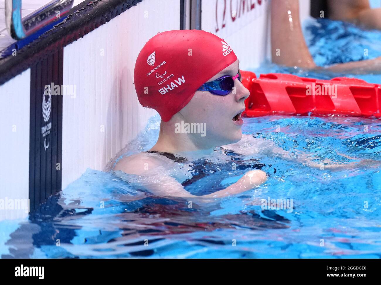 Great Britain's Toni Shaw reacts after finishing fourth in the Women's 100m Freestyle - S9 Final at the Tokyo Aquatics Centre during day seven of the Tokyo 2020 Paralympic Games in Japan. Picture date: Tuesday August 31, 2021. Stock Photo