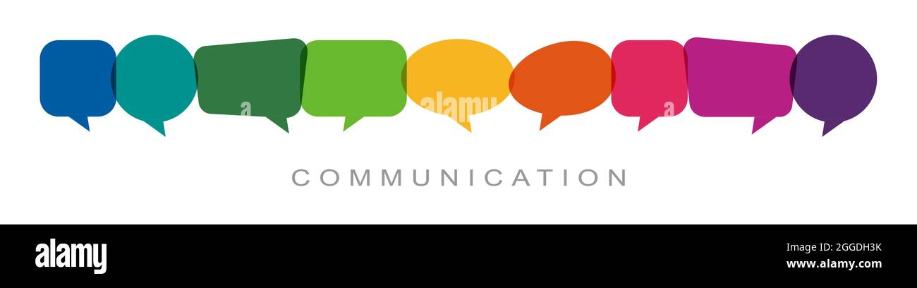 illustration of colored speech bubbles in a row with text communication Stock Vector