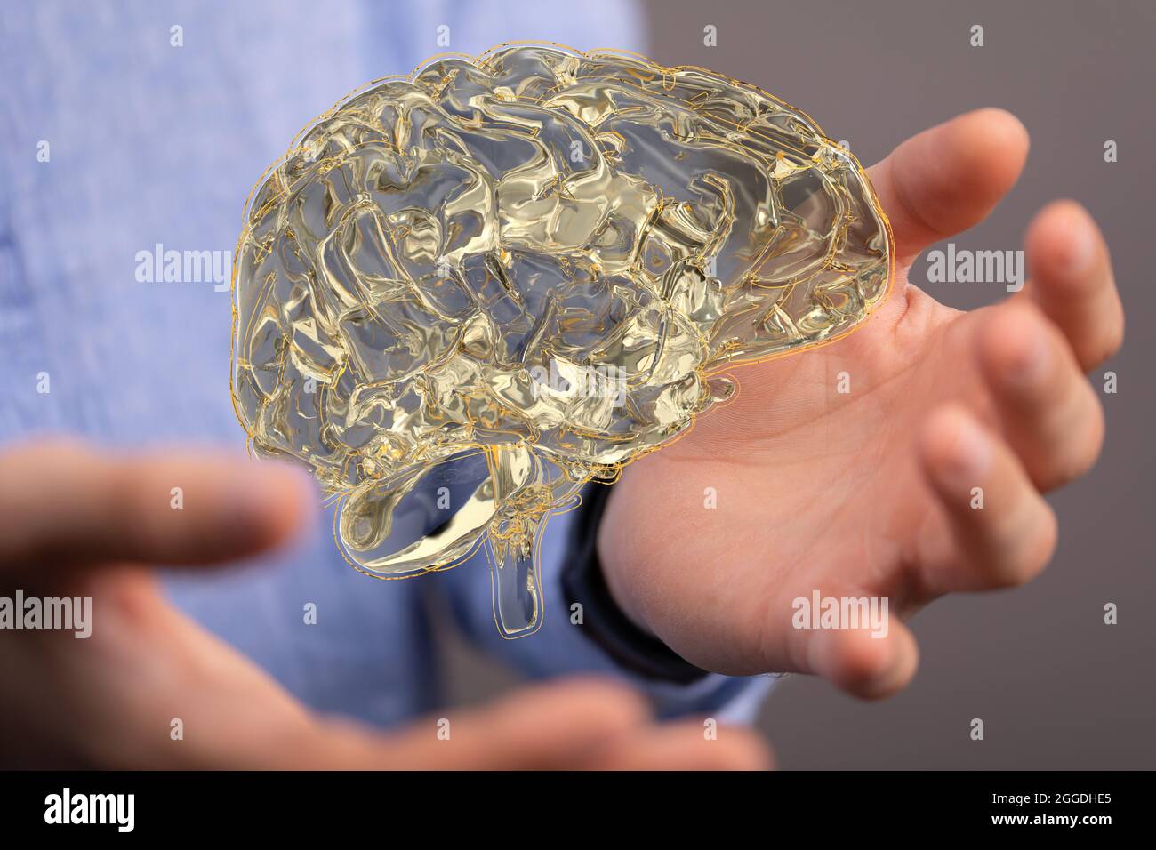 3D rendered hologram of a brain hovering over a real person’s hands ...