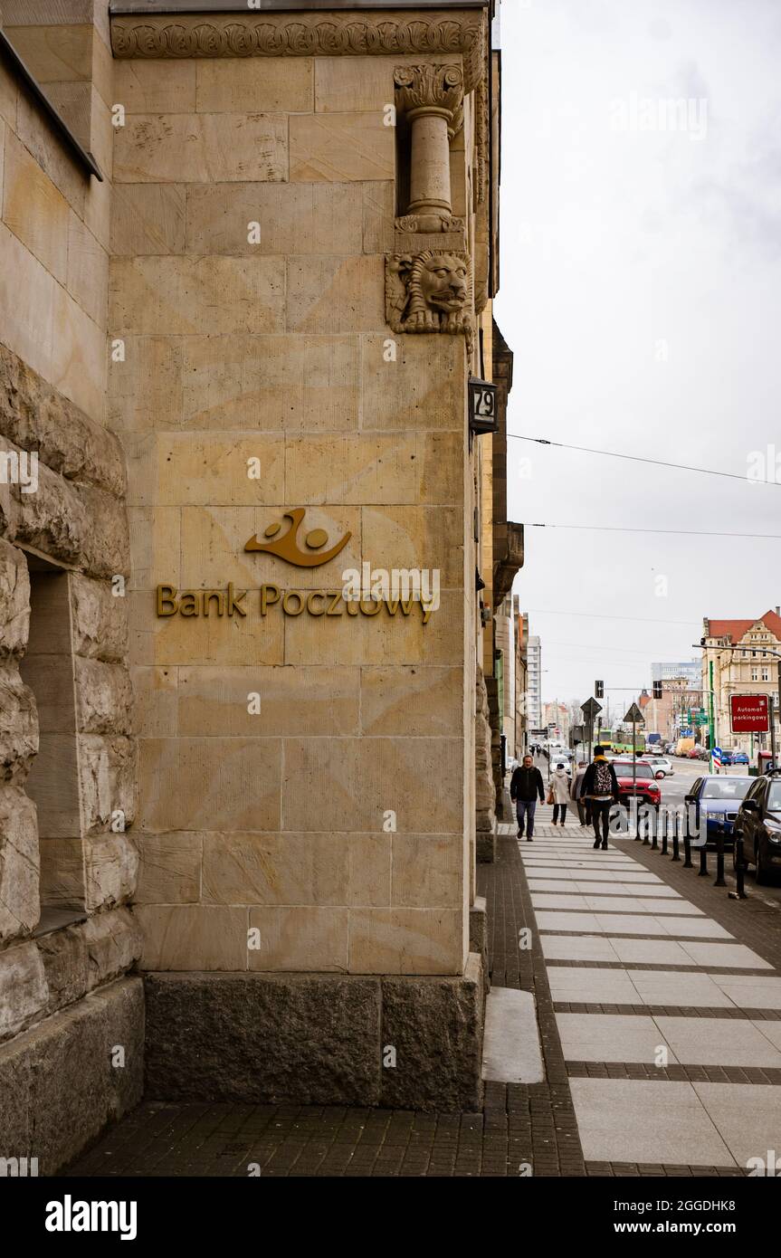 POZNAN, POLAND - Mar 30, 2018: The Polish Bank Pocztowy logo on a wall of the main train station in  Glogowska street, Poznan, Poland Stock Photo