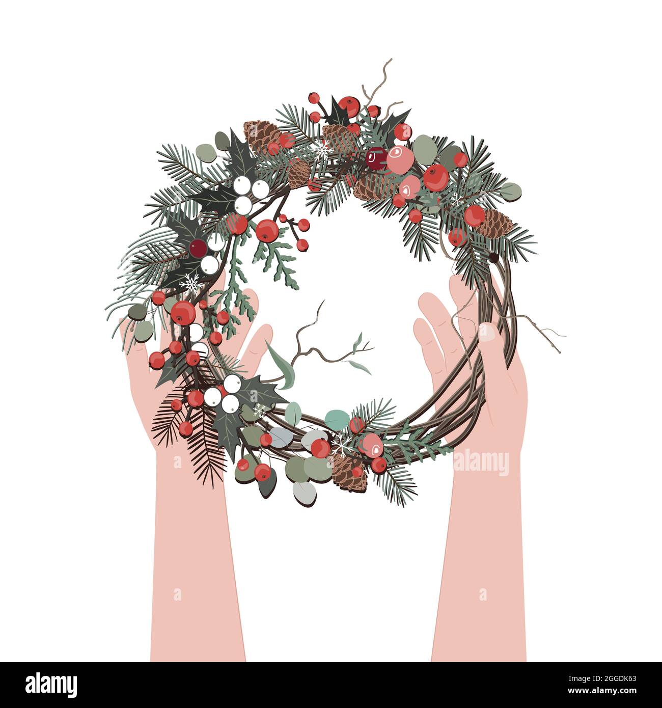 Top view of hands holding a Christmas wreath, xmas decoration Stock Vector