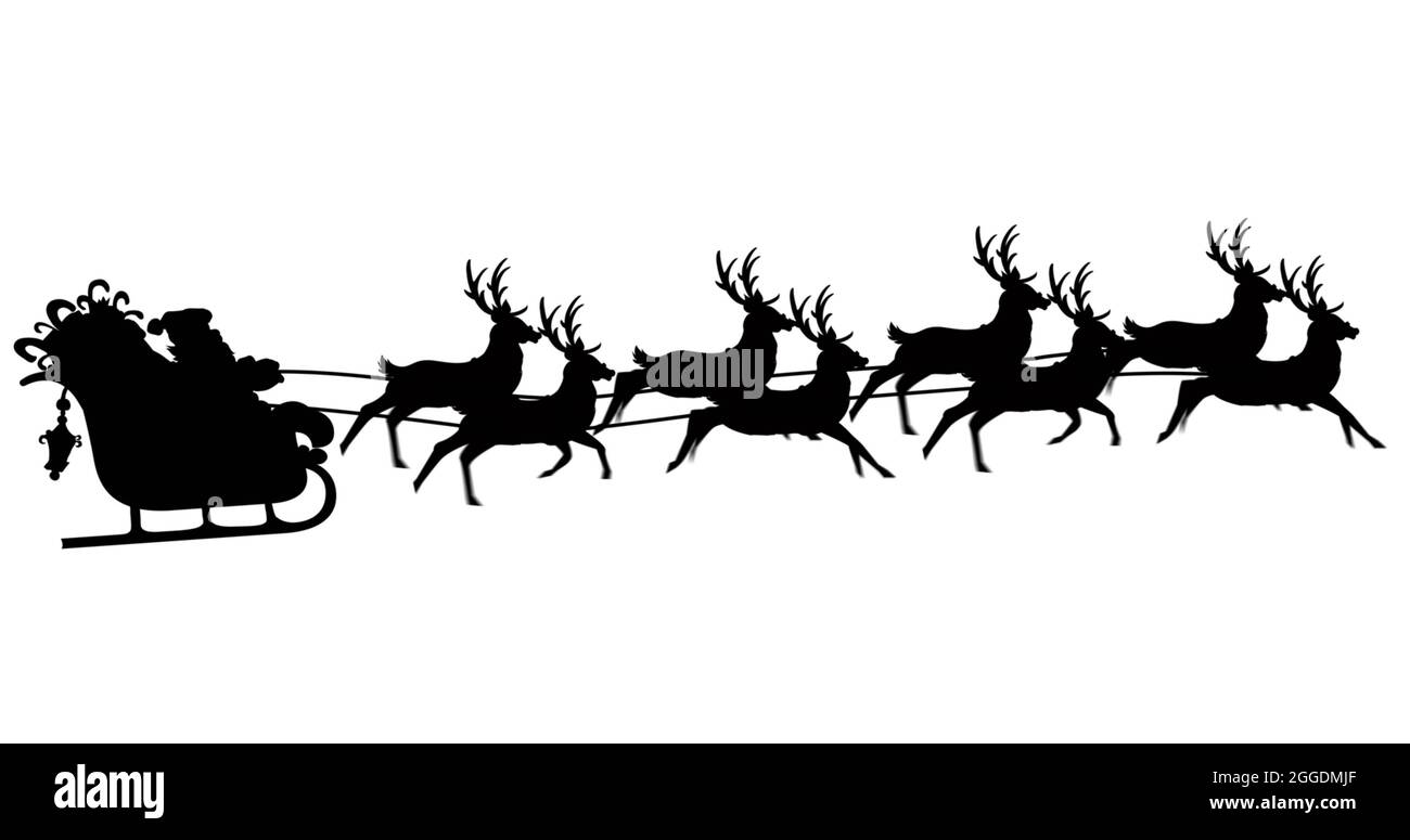 Digital image of black silhouette of santa claus in sleigh being pulled ...