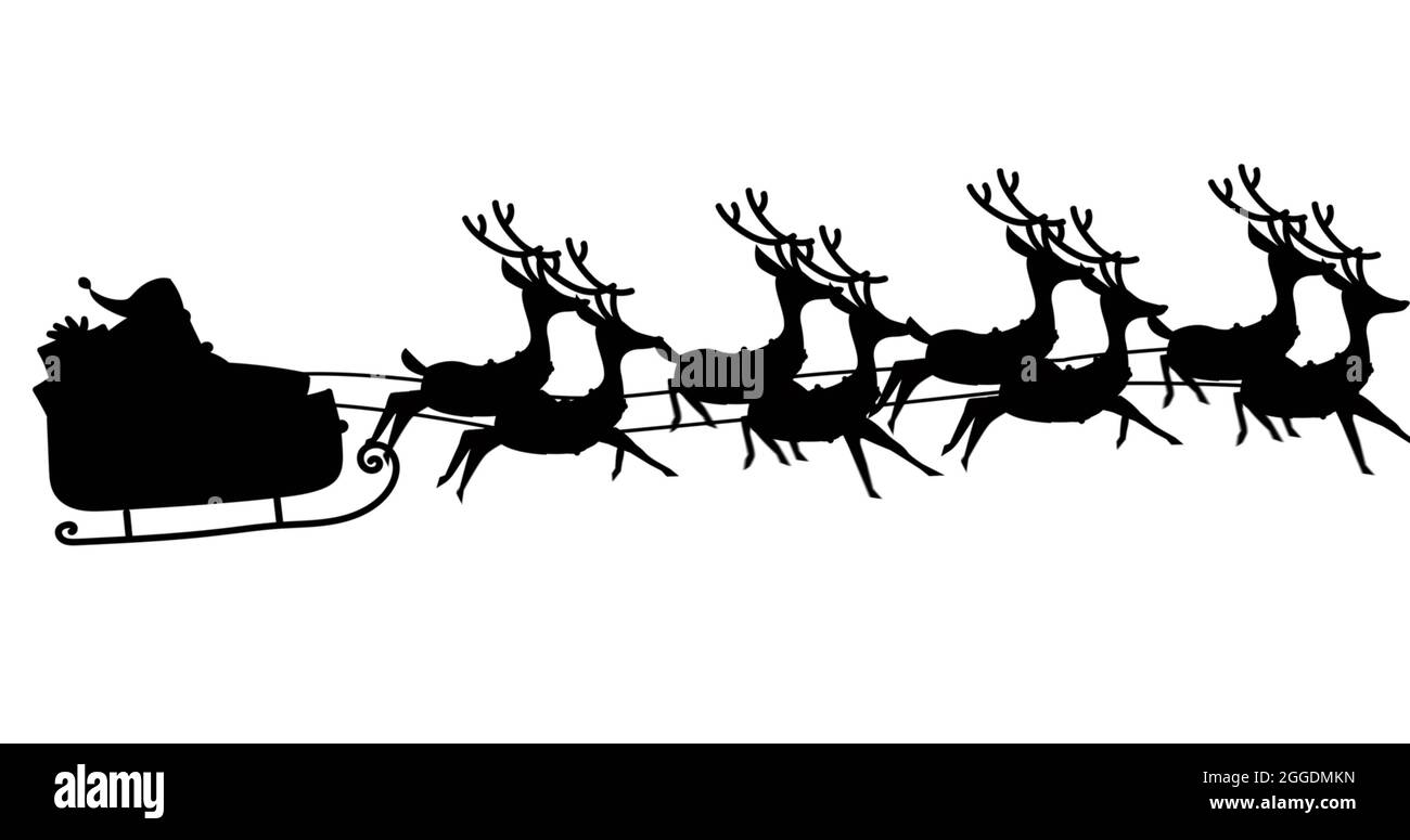 Digital image of black silhouette of santa claus in sleigh being pulled ...
