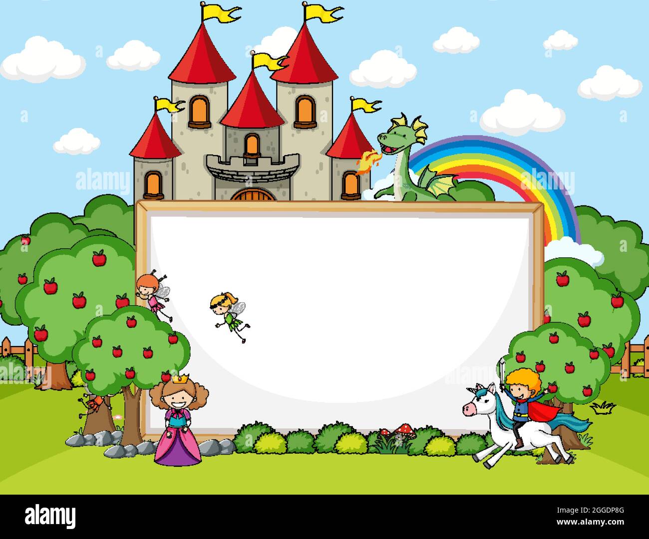 Blank banner in the forest scene with fairy tales cartoon character and ...