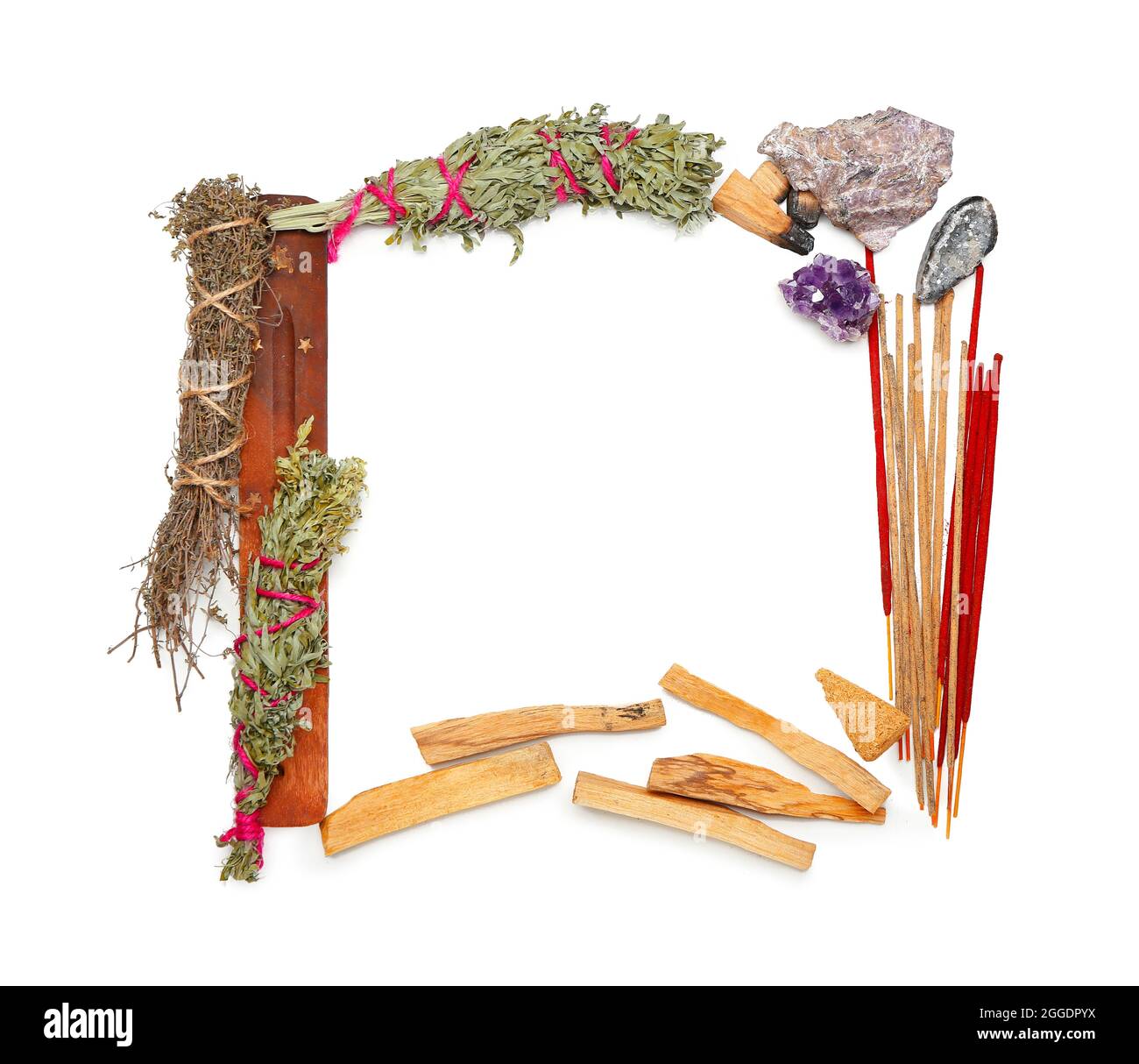 Frame made of incense, herbs and minerals on white background Stock