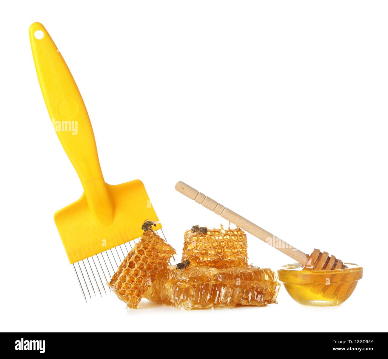 Bee hive uncapping tool with honey on white background Stock Photo