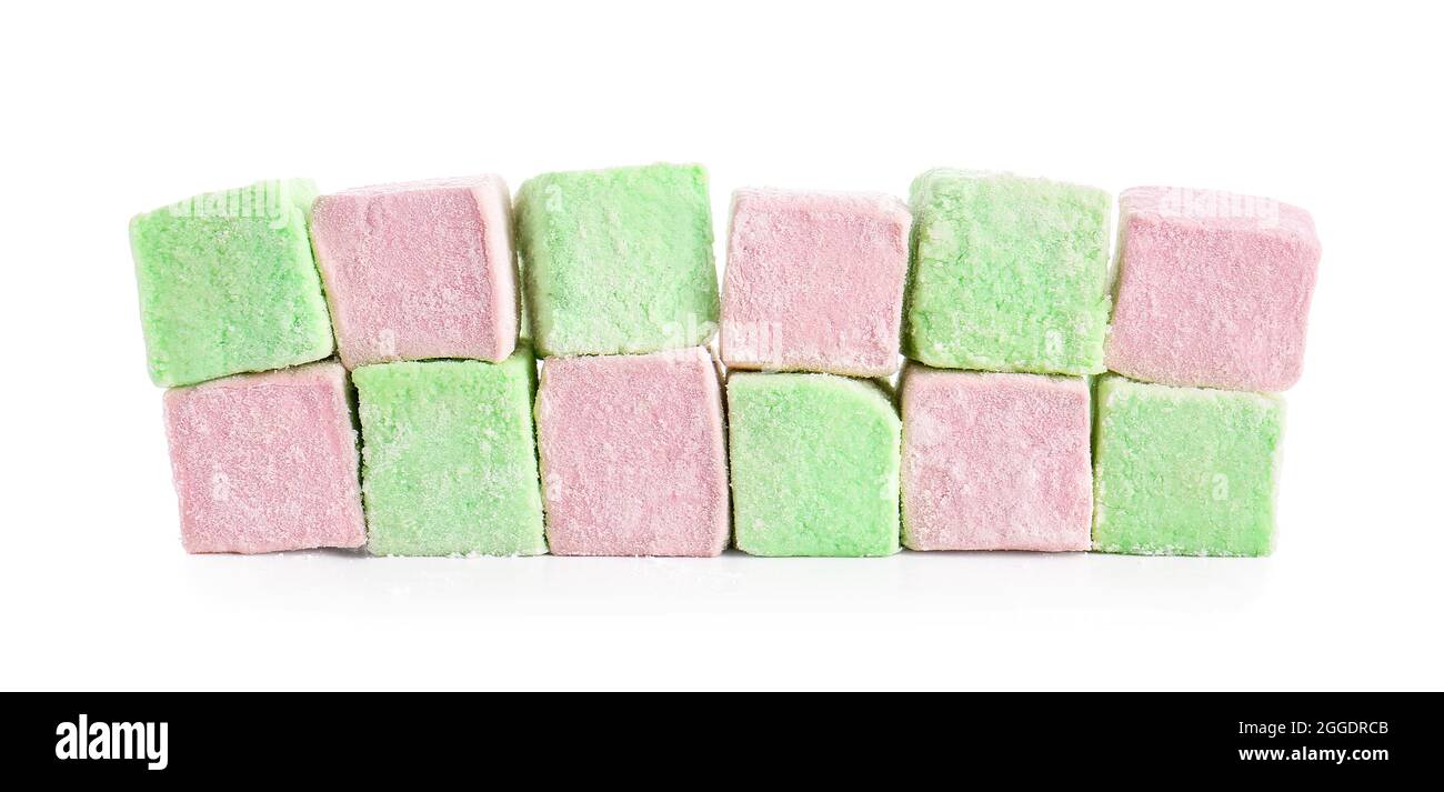 Tasty sweet marshmallows on white background Stock Photo - Alamy