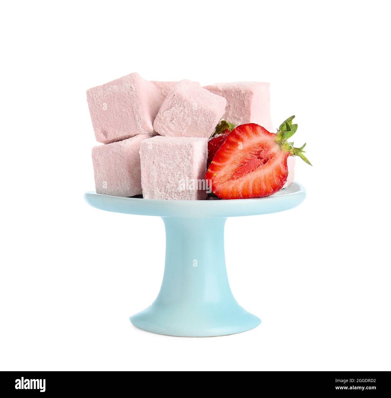 Dessert stand with tasty sweet marshmallows and strawberry on white ...