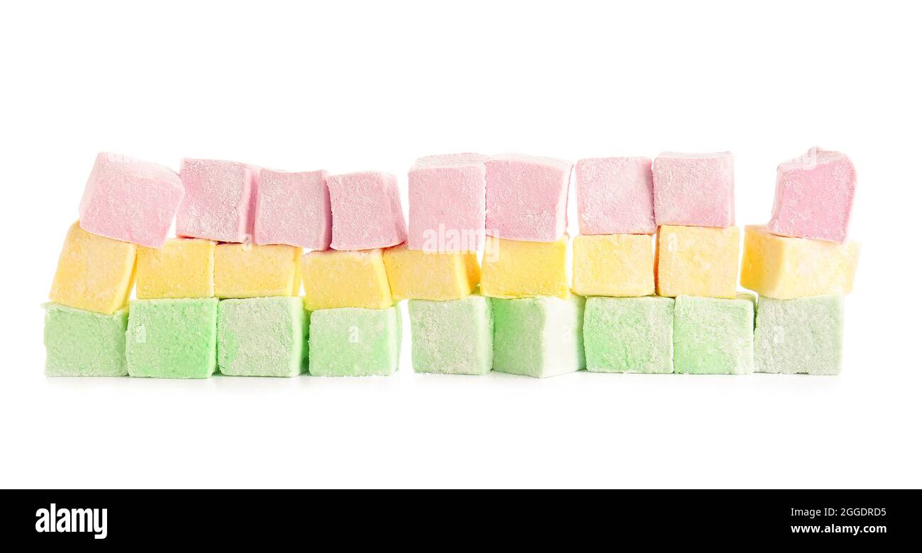 Tasty sweet marshmallows on white background Stock Photo - Alamy