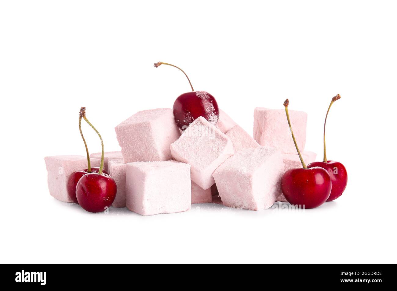 Tasty sweet marshmallows and cherries on white background Stock Photo ...