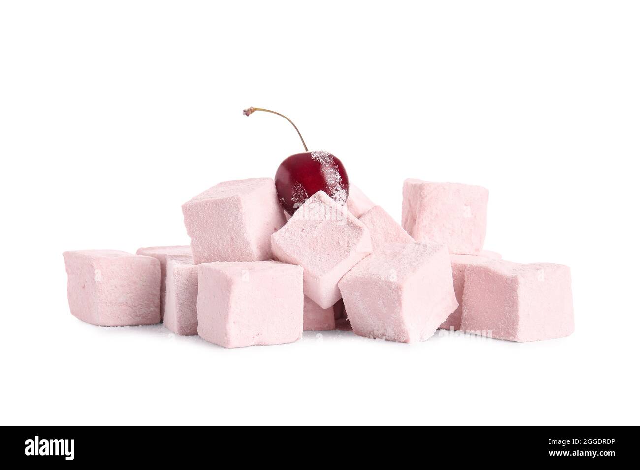 Tasty sweet marshmallows and cherries on white background Stock Photo ...