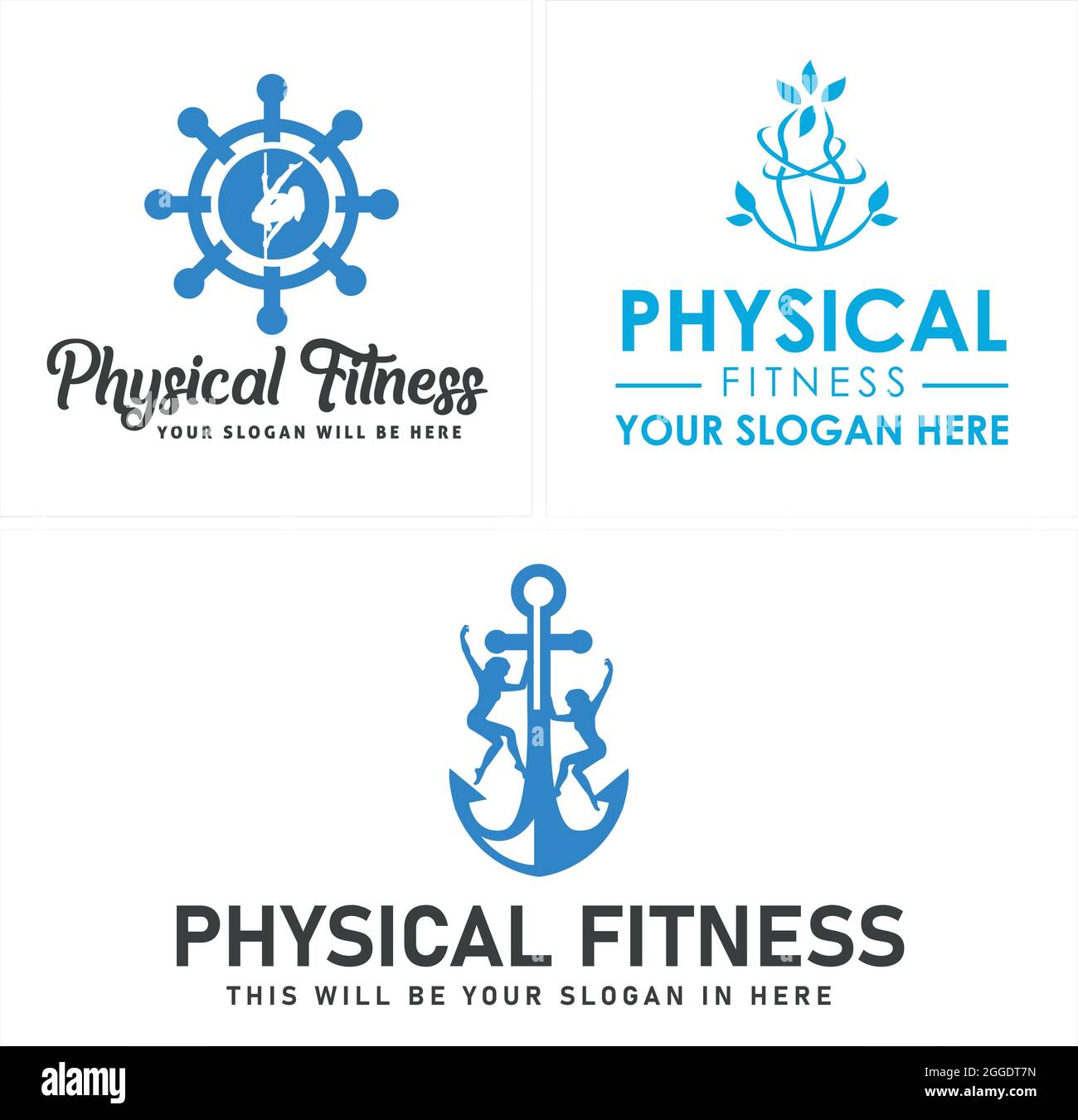 Physical fitness logo with steering anchor and body woman leaf line art