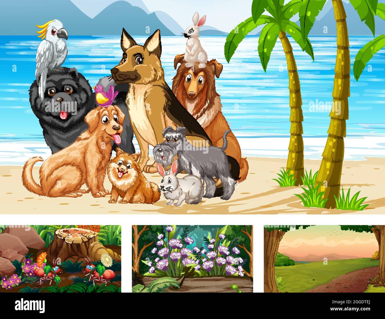 Four different nature horizontal scene  illustration Stock Vector