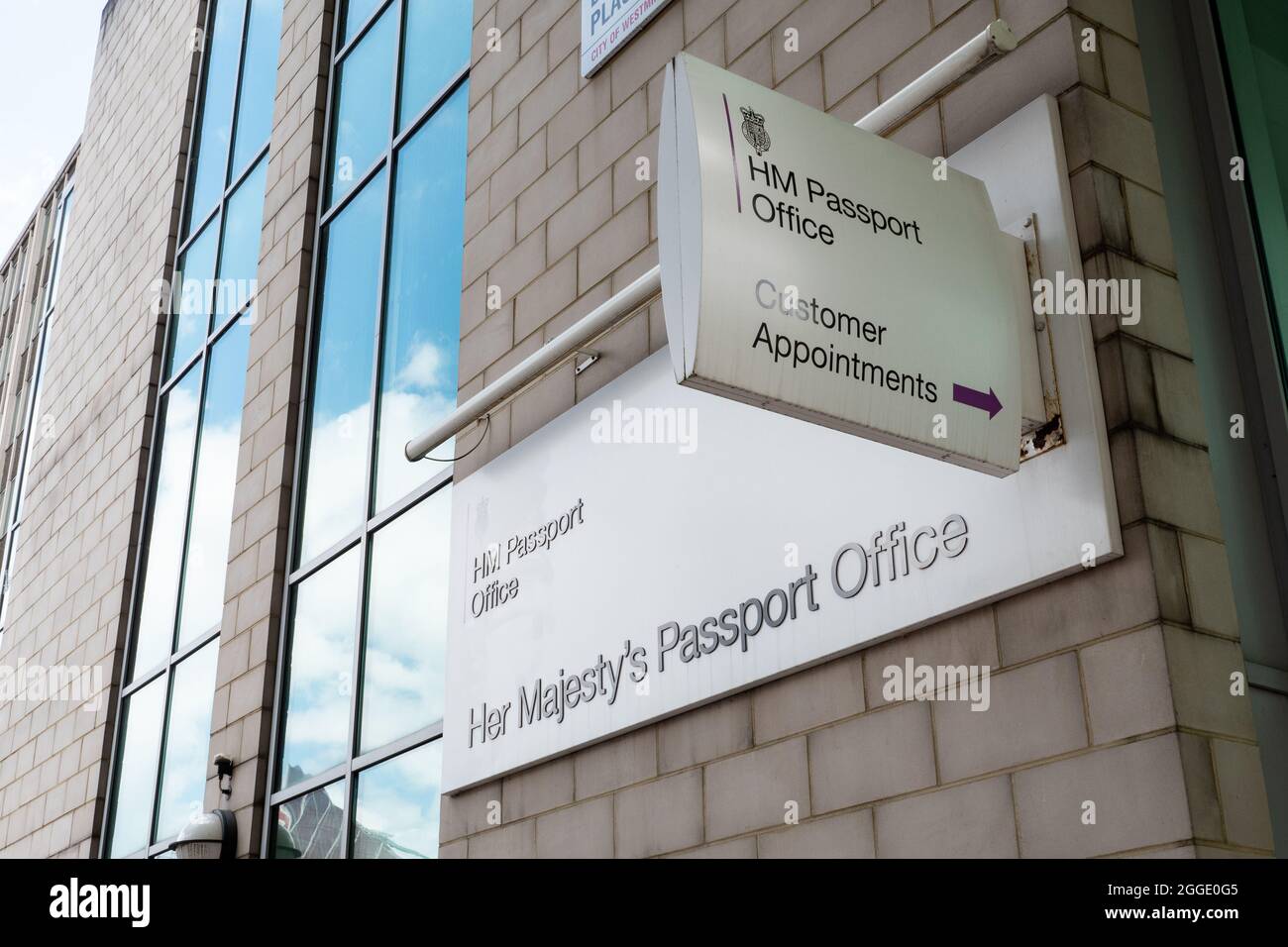 HM Passport Office, London. Signage to the public customer offices of