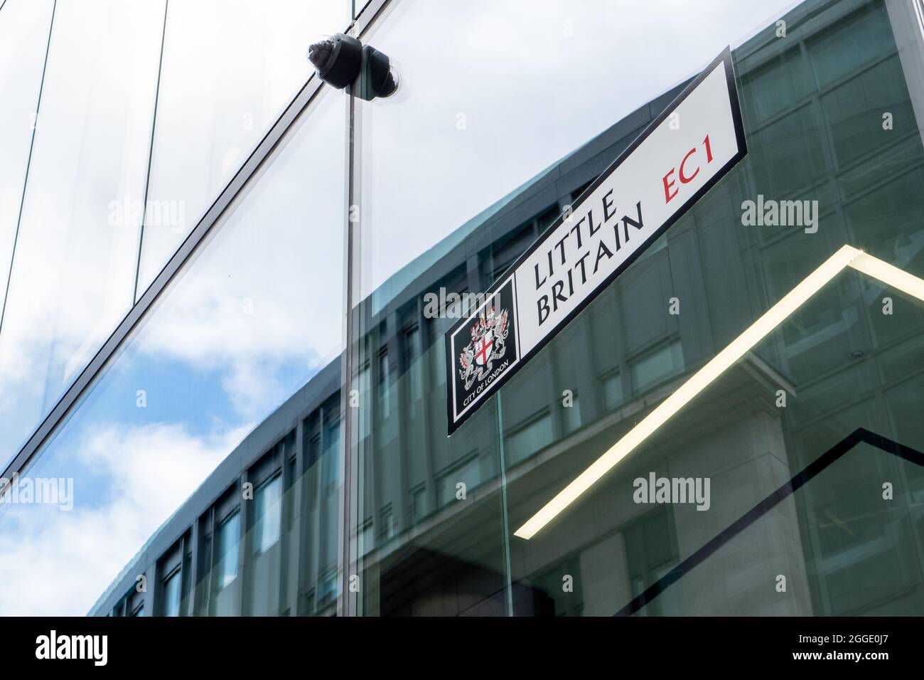 Little Britain, London EC1. Street signage on the side of a modern