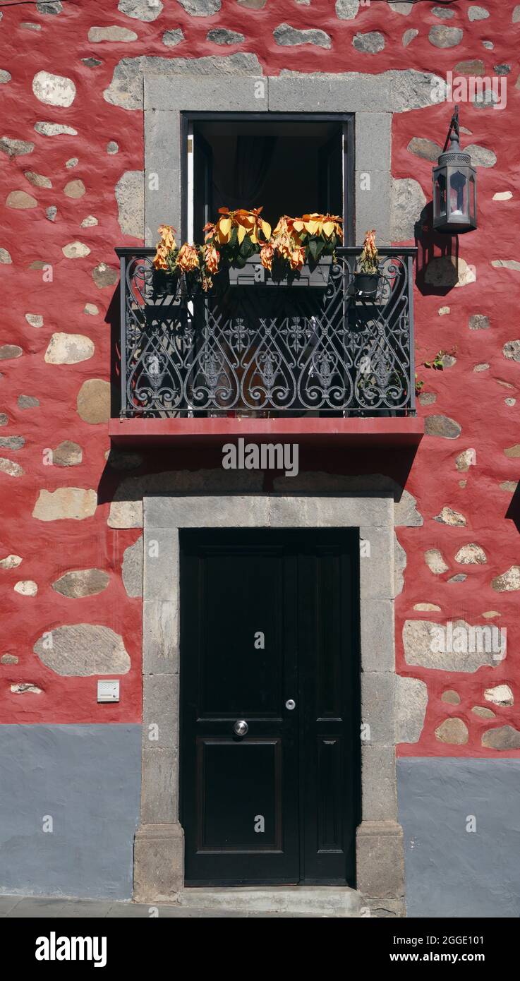 traditional balcony in Arabic style, decorated with many flowers. In the Canary Islands, Santa Brigita, Gran Canaria Stock Photo