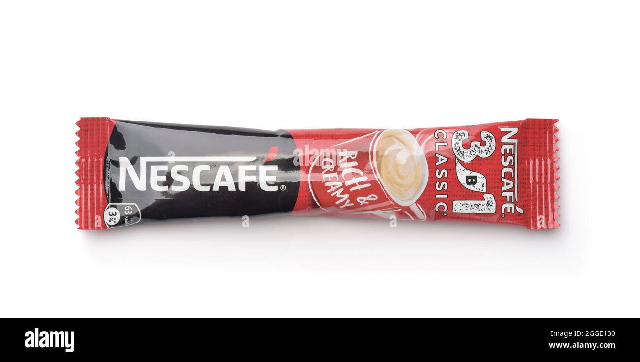 Samara, Russia - March 2021. Sachet of Nescafe 3 in 1 classic instant coffee isolated on white Stock Photo