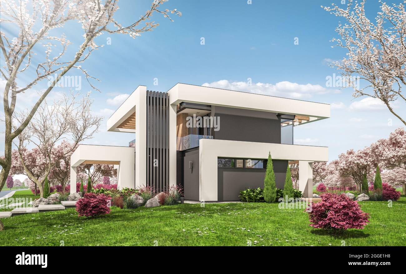 3d rendering of modern cozy house with pool and parking for sale or ...