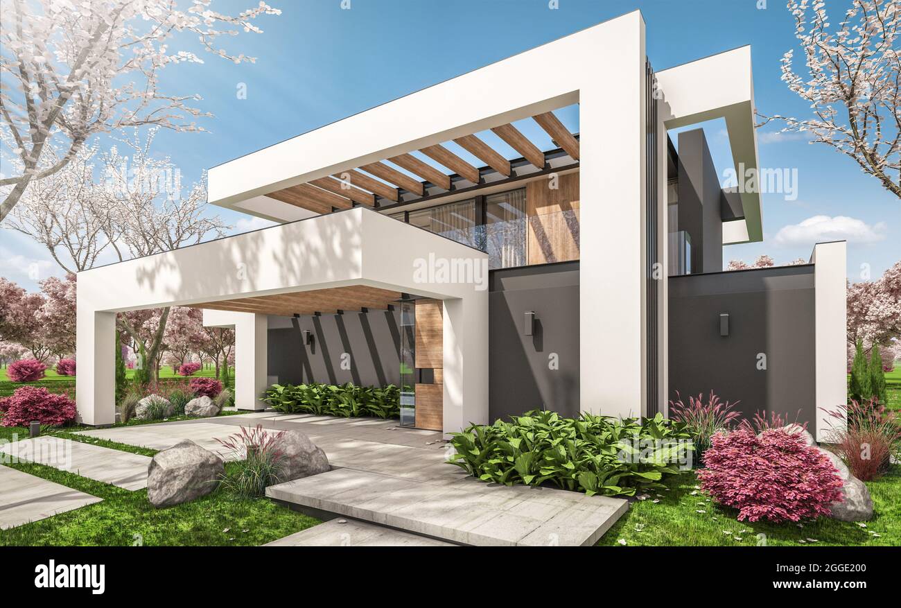 3d rendering of modern cozy house with pool and parking for sale or ...