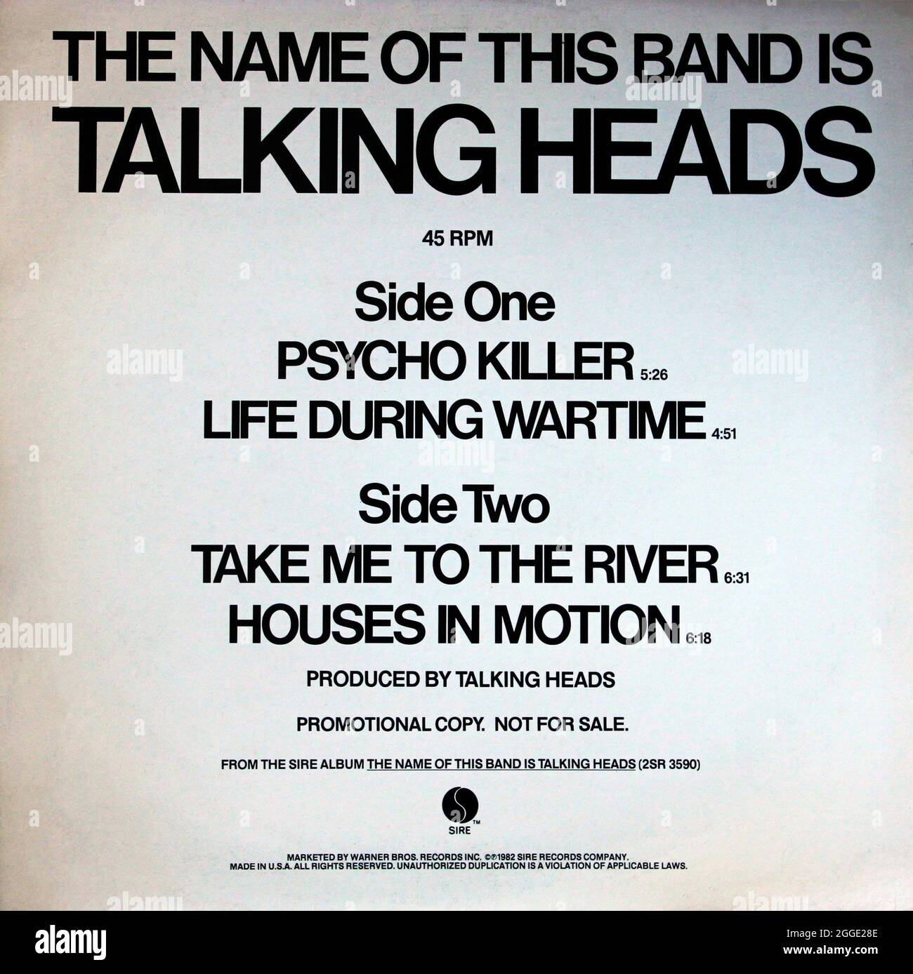 Talking Heads: 1982. 45 RPM EP front cover: 'Psycho Killer, etc...' Stock Photo