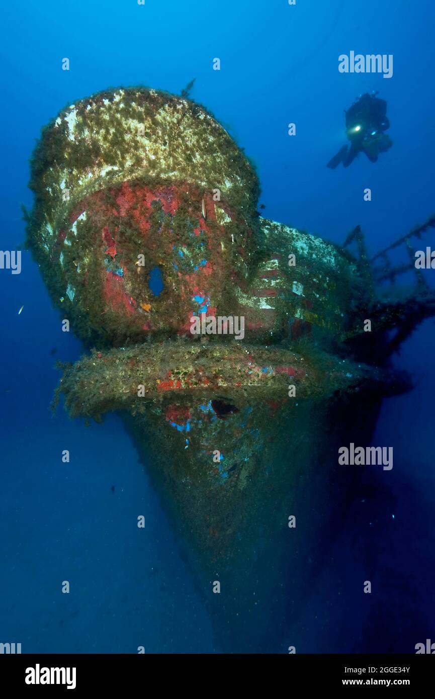 Diver hovers over shipwreck Karwela, Mediterranean Sea, Gozo, Malta Stock Photo