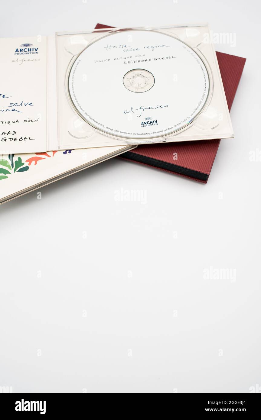 Classical and baroque era music cd on a white background with free text space Stock Photo