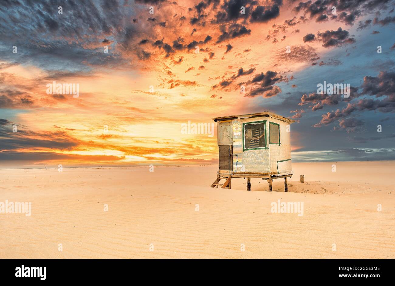 Beach hut, Kniepsand, Amrum at sunset, Schleswig-Holstein, Germany ...