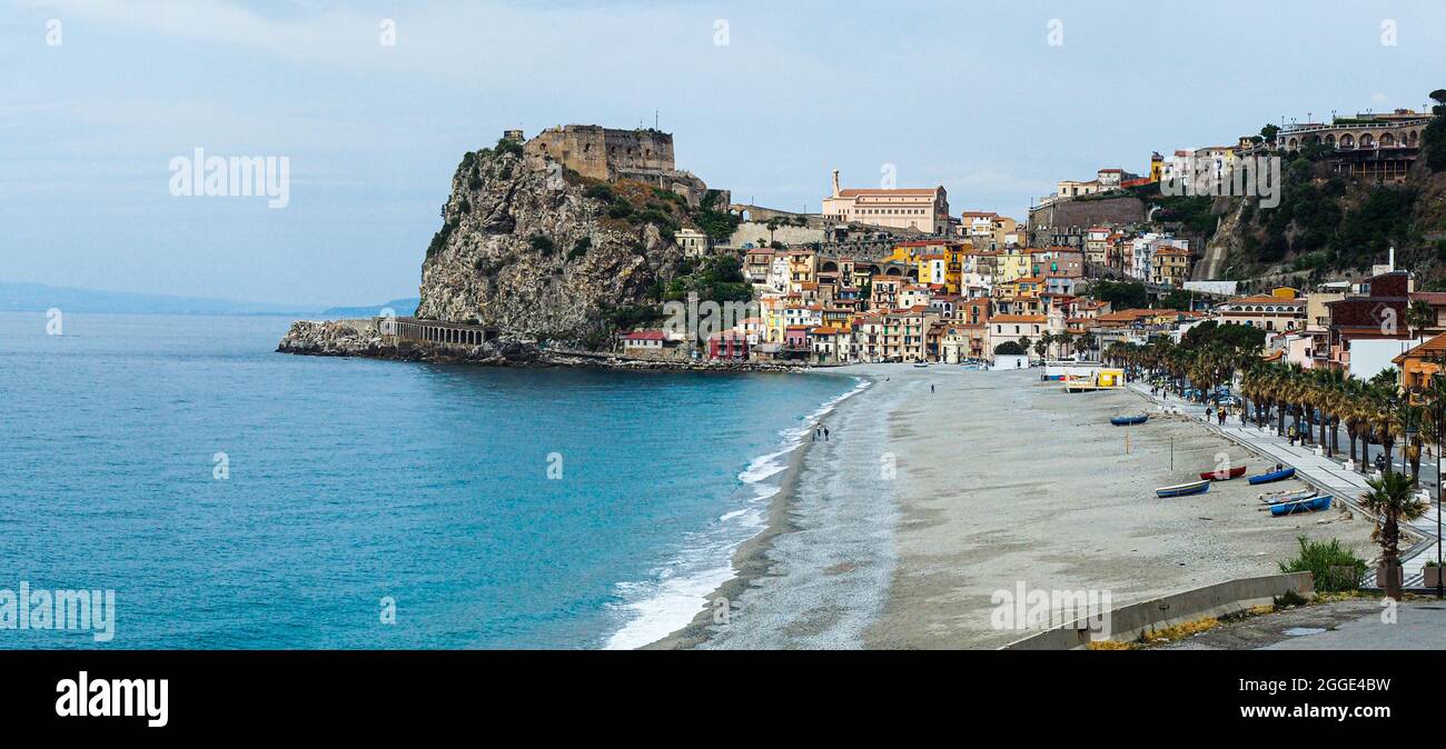 Bathing beach, Ruffo Castle, Cathedral, Scillla, Strait of Messina ...