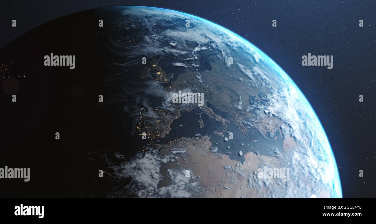 Image of earth seen from space, the globe spinning on seamless loop satellite view on dark backgroun Stock Photo